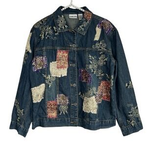 Chicos Patchwork Denim Jacket Sz 1 M Boho Indie Western Floral Embroidered Art